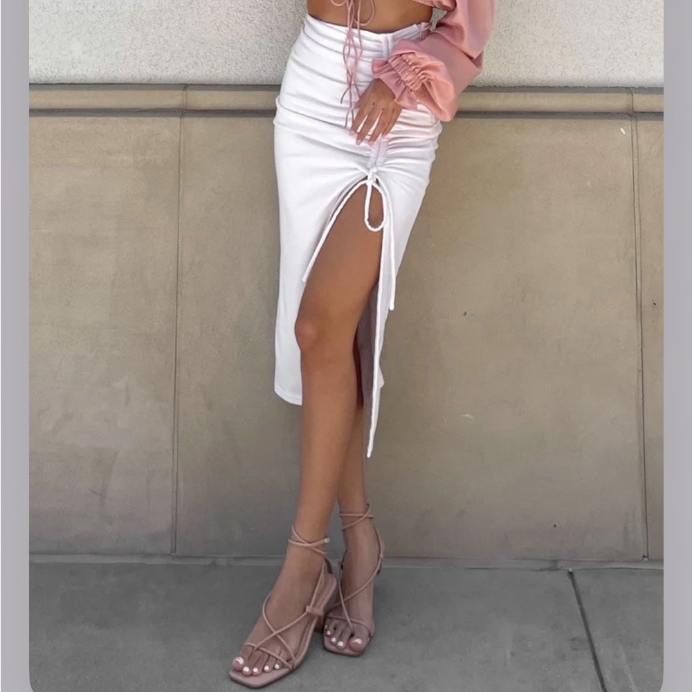 Beginning Boutique White Ruched Midi Skirt